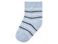 Een kleine, lichtblauwe sok met donkere strepen.