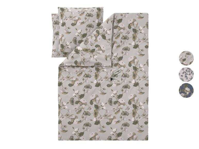 Dekbedovertrek met waterlelie- en bladpatroon in grijsgroene tinten.
