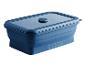 Blauwe opvouwbare voedselcontainer met transparant deksel.