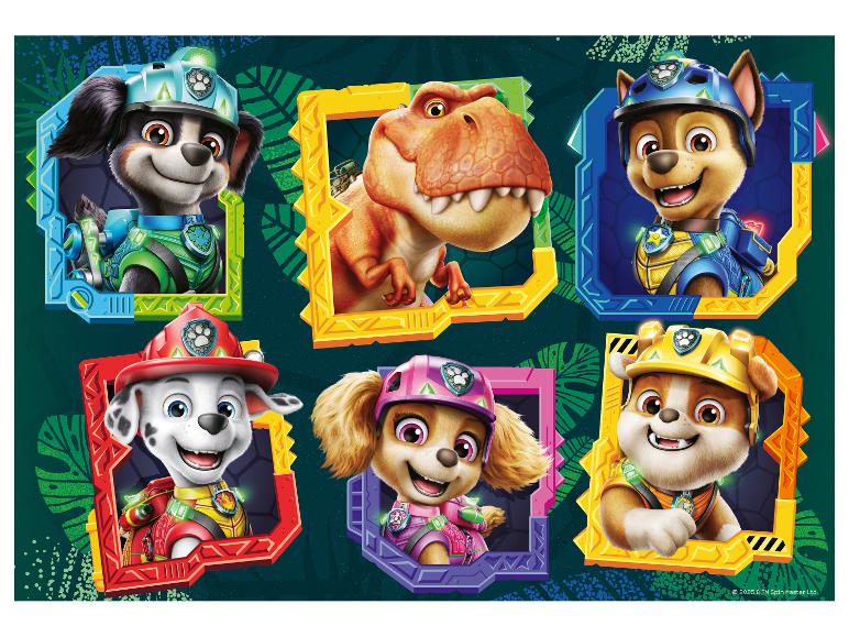 Zes cartoonpuppy's in dinosaurusoutfits en een oranje dinosaurus in kleurrijke lijsten.