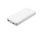 Witte powerbank met twee USB-poorten en oplaadindicatoren.