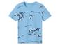 Blauw kinder-T-shirt met dinosaurusprints en de tekst 'TYRANNOSAURUS' en 'INUSaurus'.