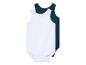 Twee baby rompertjes, wit en donkerblauw.