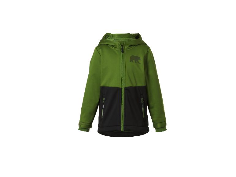 Groen en zwart kinder softshell jack met capuchon en berenprint.