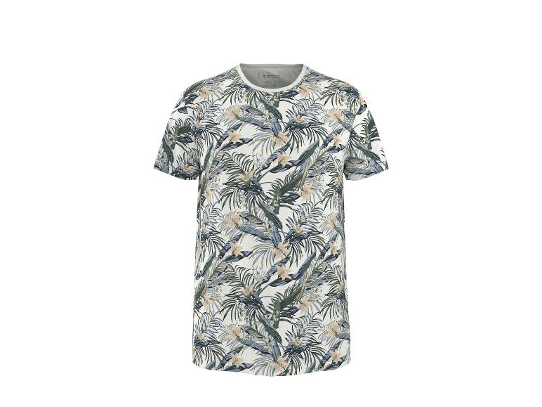T-shirtjurk met tropische blad- en bloemenprint in groene en beige tinten.