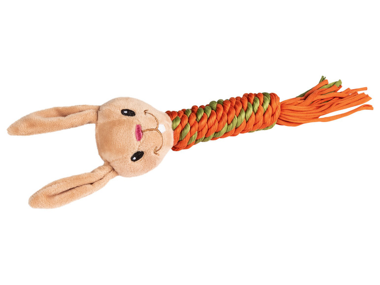 Een pluche konijn met een touw om te trekken.