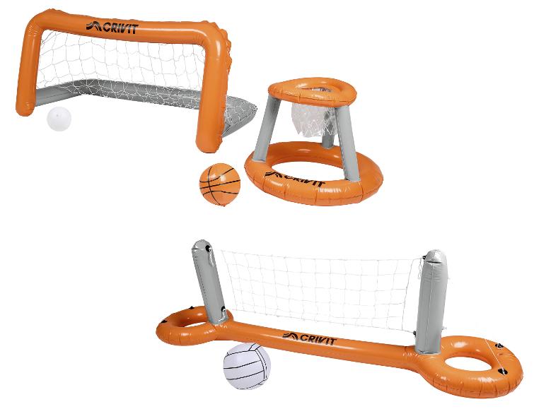 Opblaasbare voetbalgoal, basketbalring en volleybalnet voor het zwembad.