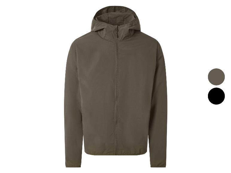Khaki capuchonjack met grijze en zwarte kleuropties.
