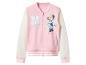 Roze en wit bomberjack met rits, met een 'M' en een tekening van Minnie Mouse.