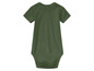 Een donkergroene baby romper met korte mouwen.