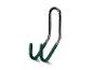 Zwarte metalen wandhaak met groene coating voor gereedschap of fietsen.