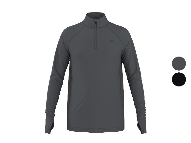 Donkergrijs heren sport-T-shirt met lange mouwen en ritskraag, met kleurstalen.