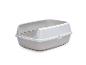 Grijs-witte plastic kattenbak met hoge rand