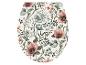 Toiletzitting met bloemenpatroon met roze en blauwe bloemen en groene bladeren.