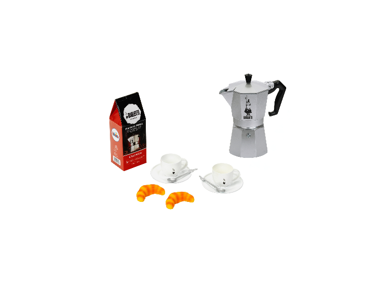 KLEIN Bialetti Moka Espresso speelgoedset met espressopot, kopjes, lepels, croissants en koffiepak.