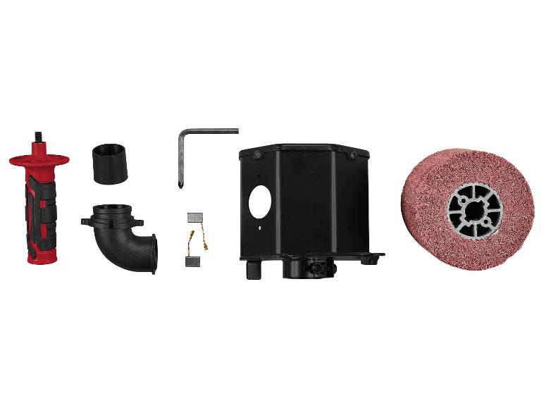Set elektrische gereedschapsaccessoires, inclusief handvat, borstels, behuizing en schuurwiel.