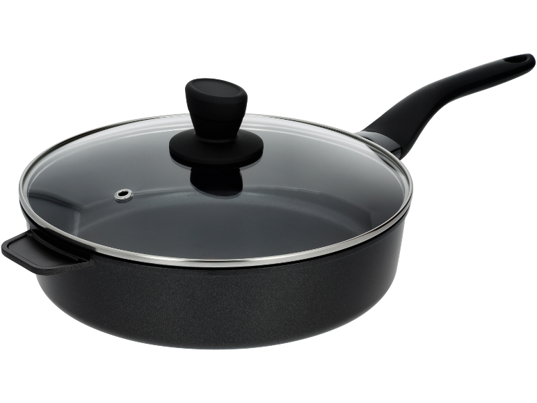 Diepe aluminium pan met glazen deksel en lange steel.