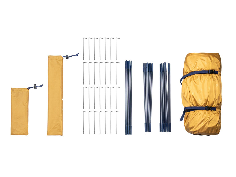 Een gele tent, tentstokken en haringen in hun opbergtassen.