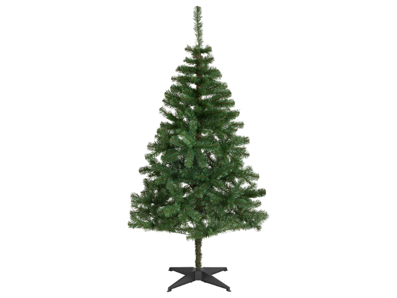 Groene kunstkerstboom met kruisvoet, klaar om te versieren.