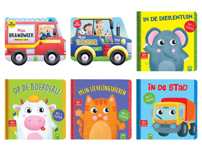 Zes kinderboeken met flappen over voertuigen en dieren.