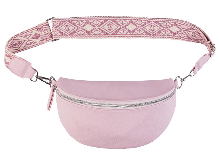 Een roze heuptas met een gebloemde band.