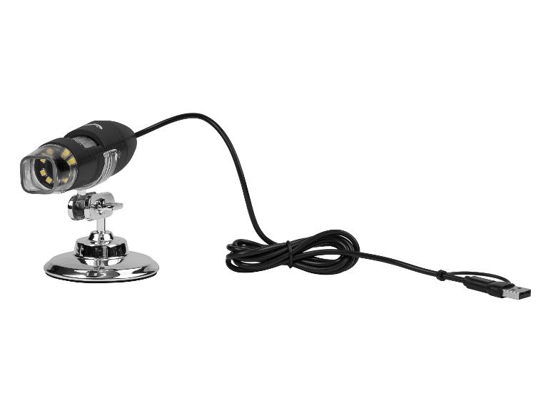 Zwarte USB digitale microscoop met chromen standaard en opgerolde kabel