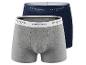 Set van twee herenboxershorts, één grijs en één marineblauw, met elastische taillebanden.