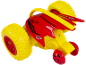 Rood-gele speelgoedstuntauto voor kinderen met grote wielen.