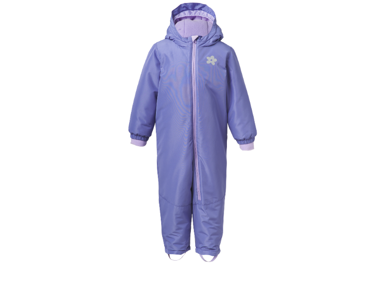 Paars kinder skipak met capuchon, rits en een licht bloemembleem.