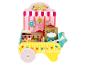 Houten speelgoed snoepwinkelwagen met lolly's, popcorn en een weegschaal.