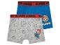 Twee Super Mario boxershorts voor jongens: één effen blauwe en één grijze met Super Mario print.