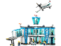 Luchthaven bouwspeelgoed met terminal, vliegtuig en minifiguren.