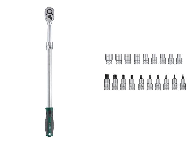 Parkside gereedschapset met ratelsleutel en diverse doppen en bits.