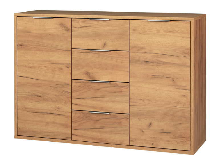 Een houten dressoir met twee deuren en vijf laden