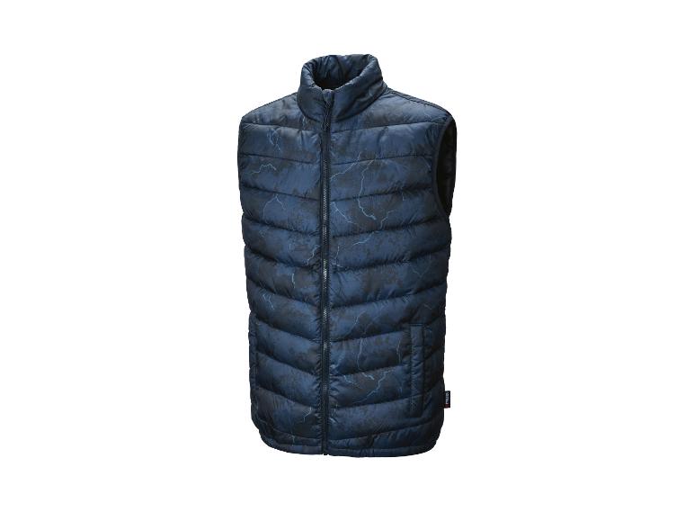 Donkerblauwe gewatteerde bodywarmer met bliksemprint en rits.