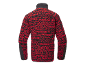 Achteraanzicht van een rood-zwart gedessineerd fleecejack met een hoge kraag