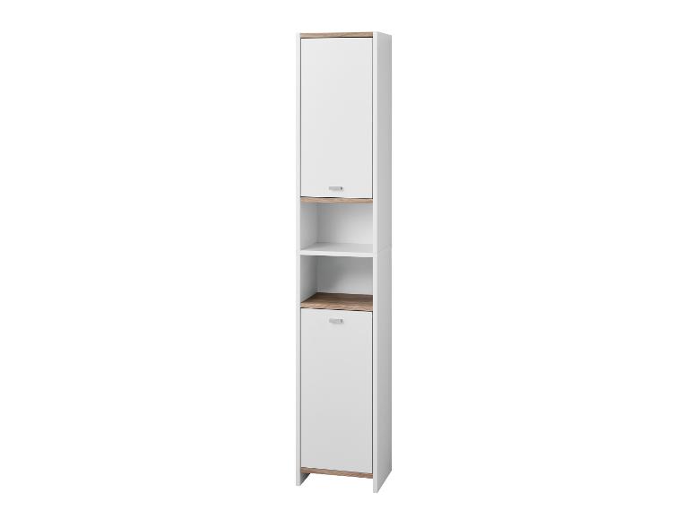 Hoge badkamerkast in wit en hout met deuren en open planken