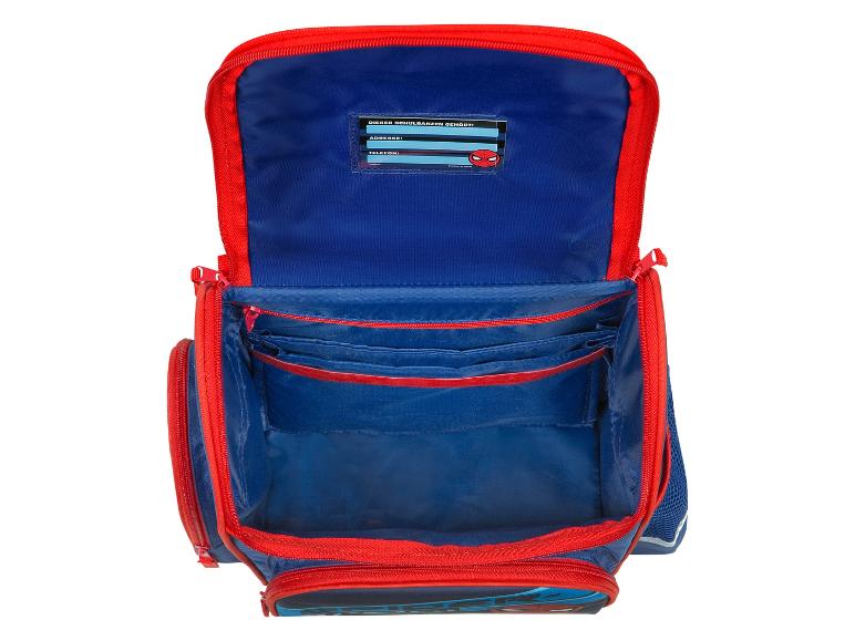 Open Spider-Man rugzak, blauw en rood, met zichtbare binnenvakken.