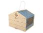 Houten huisdierdrager met blauw gaas en touwgreep.