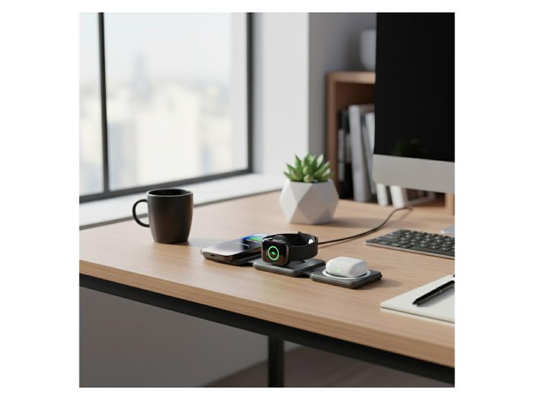 3-in-1 draadloze oplader met telefoon, smartwatch en oordopjes op een bureau.