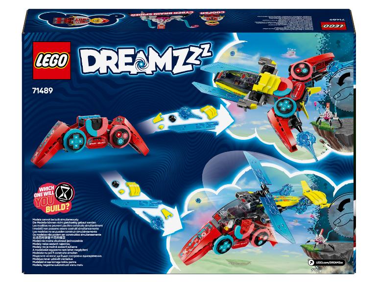 LEGO DREAMZzz doos met twee alternatieve modellen van een rood en blauw voertuig.