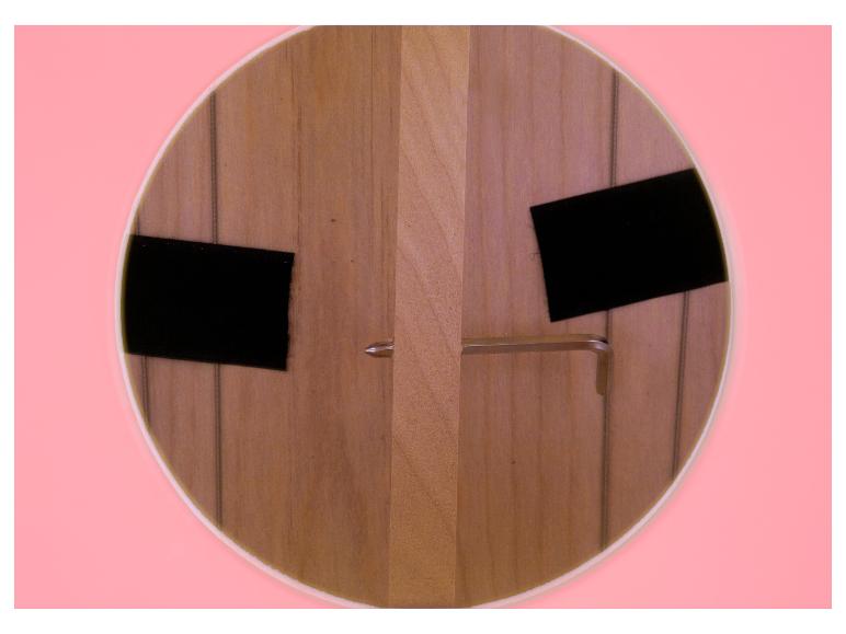 Een ronde houten plank met twee zwarte stroken en een metalen schroef.
