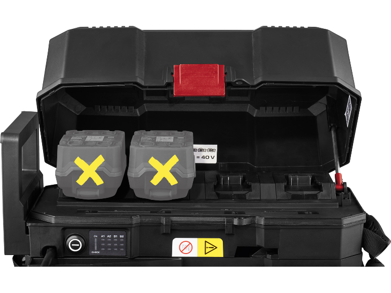 Open zwarte accukoffer met twee grijze accu's gemarkeerd met een gele X.