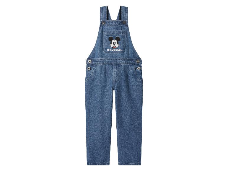 Blauwe denim tuinbroek met Mickey Mouse borduursel en de tekst