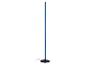 Zwarte vloerlamp met een blauwe LED-lichtzuil en een ronde voet.