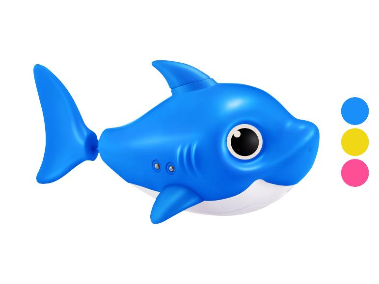 Blauw haaienbadspeeltje met grote ogen en vinnen, met een kleurenpalet.