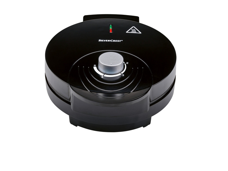 Een zwarte SilverCrest wafeltang met een draaiknop voor de temperatuurinstelling.