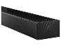 Zwarte soundbar luidspreker met geperforeerd rooster en gestructureerd uiteinde.