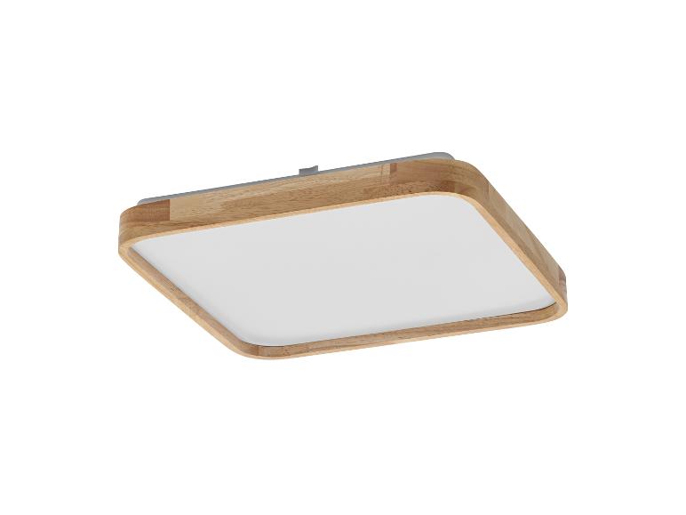Vierkante plafondlamp met houten frame en witte diffuser.