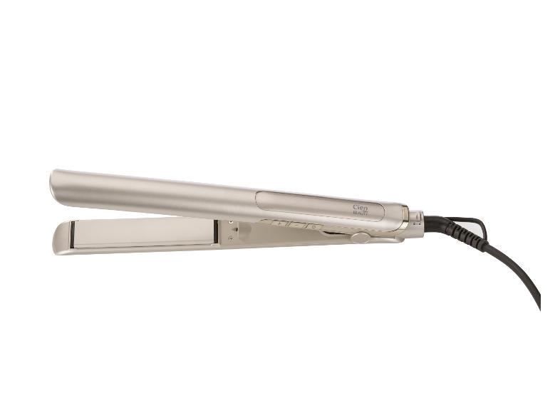 Een zilveren Cien Beauty stijltang met bedieningsknoppen en een zwart snoer.